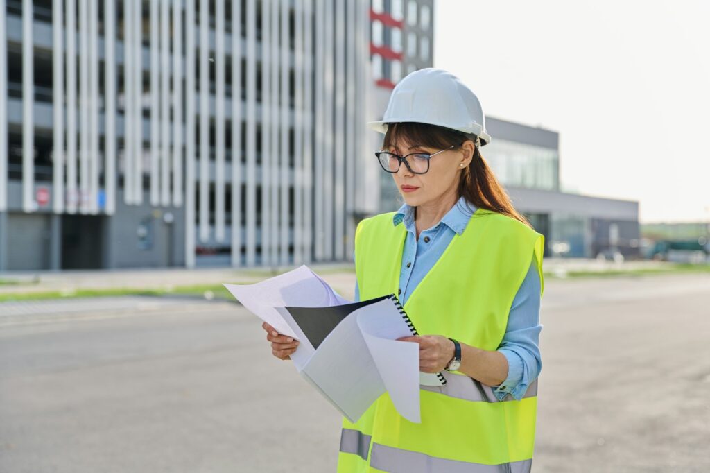 Industrial worker female builder with working documents, outdoor construction